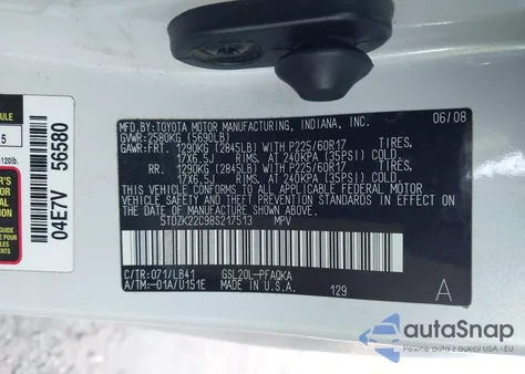 2008 Toyota Sienna Limited z USA, uszkodzony, nr VIN 5TDZK22C98S217513